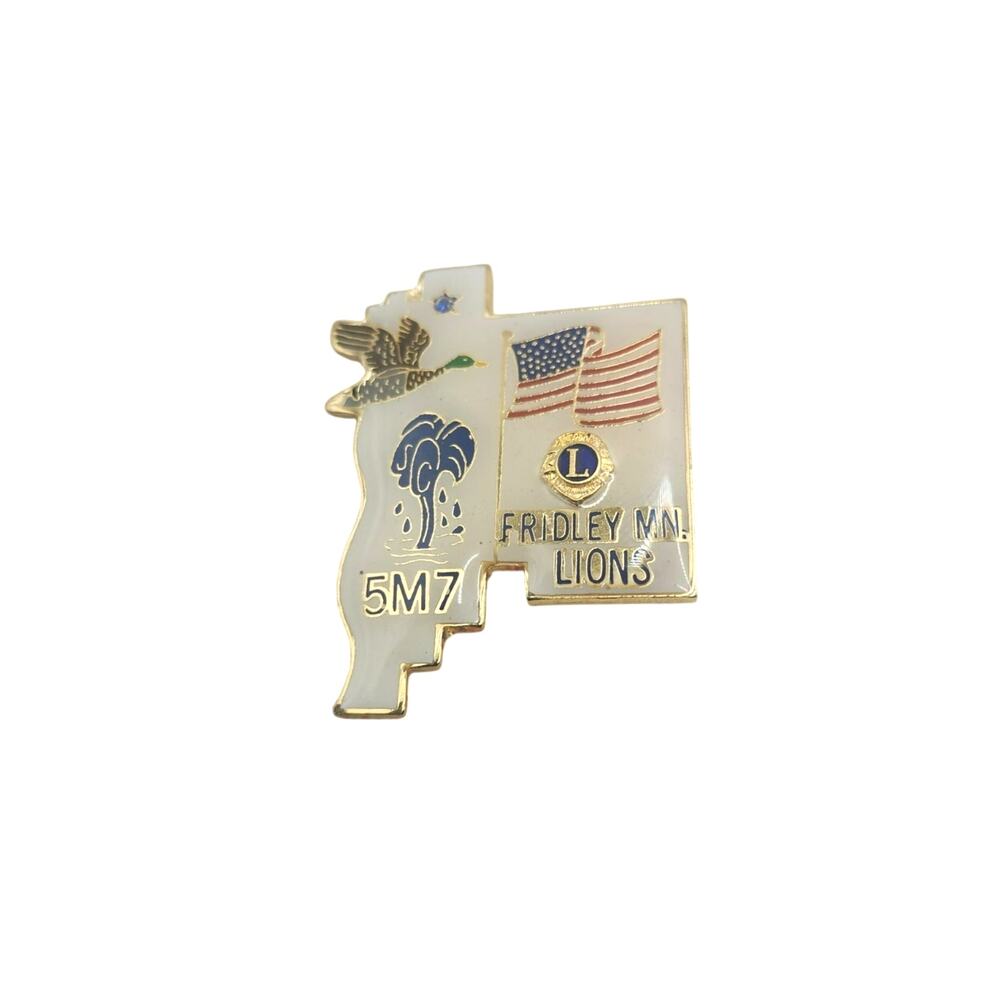 Vintage Lions Club Pin Fridley MN 5M7 USA Flag Duck Enamel Lapel Made in Taiwan